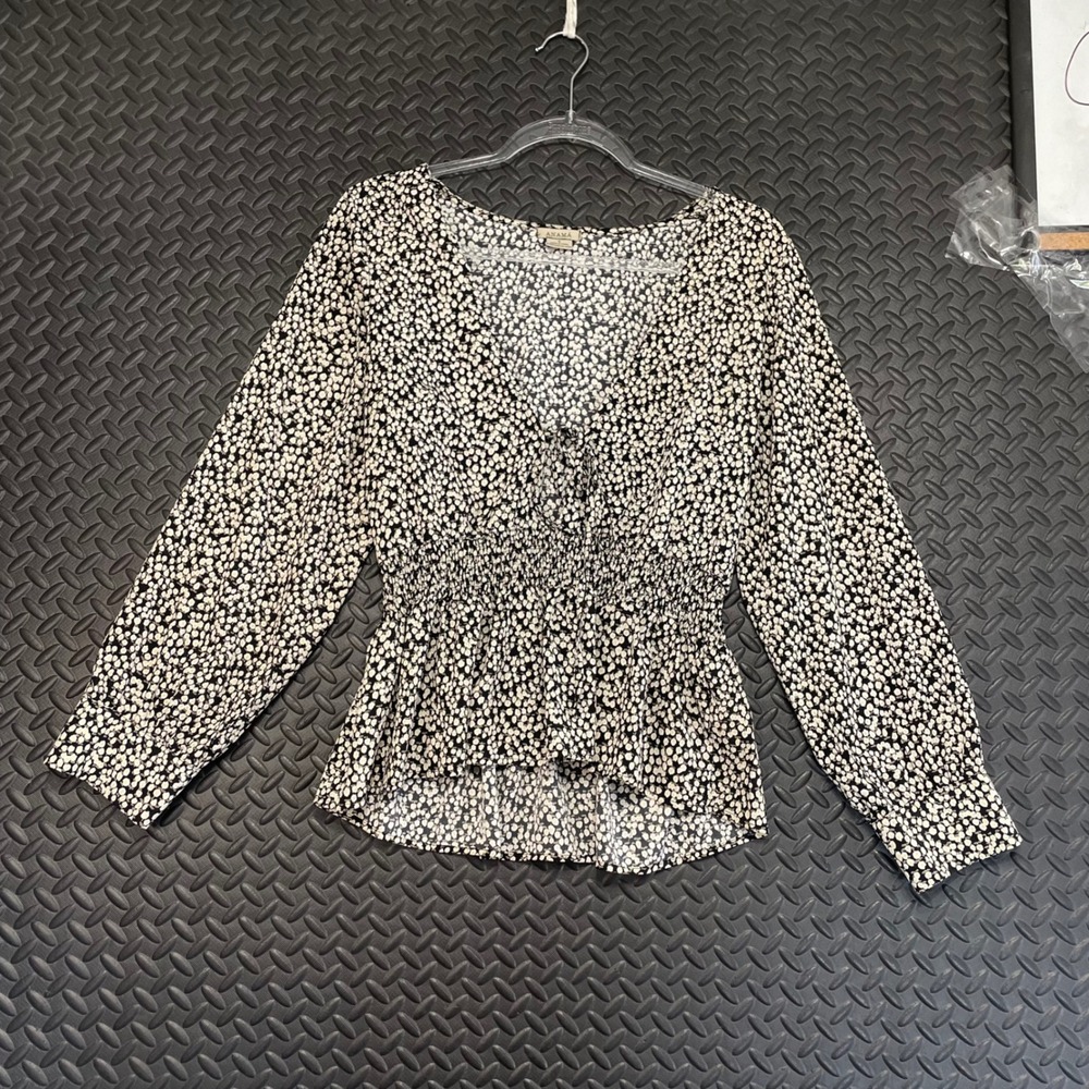 Anama Black White‎ Floral Long Sleeve V Neck Blouse Top Women's Size Small